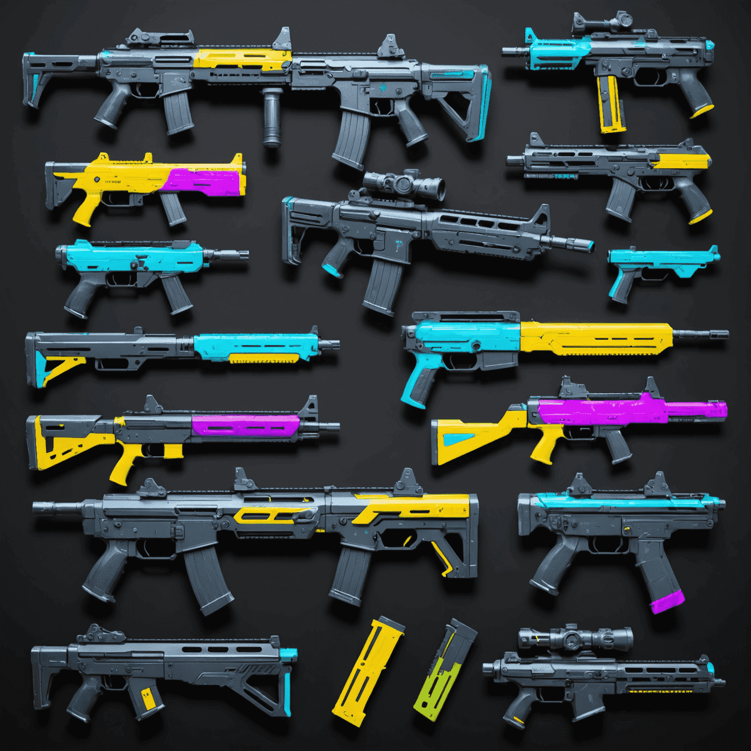 A collection of futuristic CS2 weapon skins with neon accents and holographic effects, displayed in a 3D rotating showcase