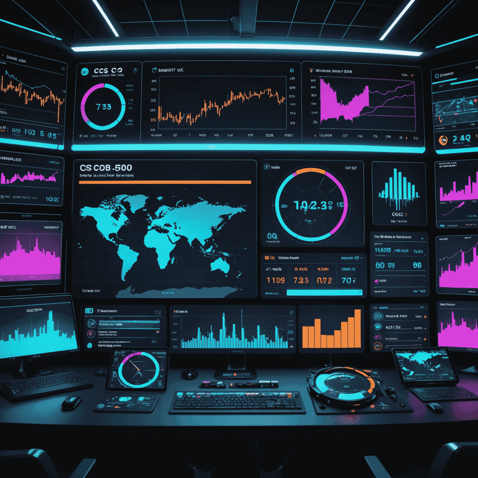 A futuristic trading dashboard displaying CS2 skin market trends, with neon graphs and holographic weapon skins floating above