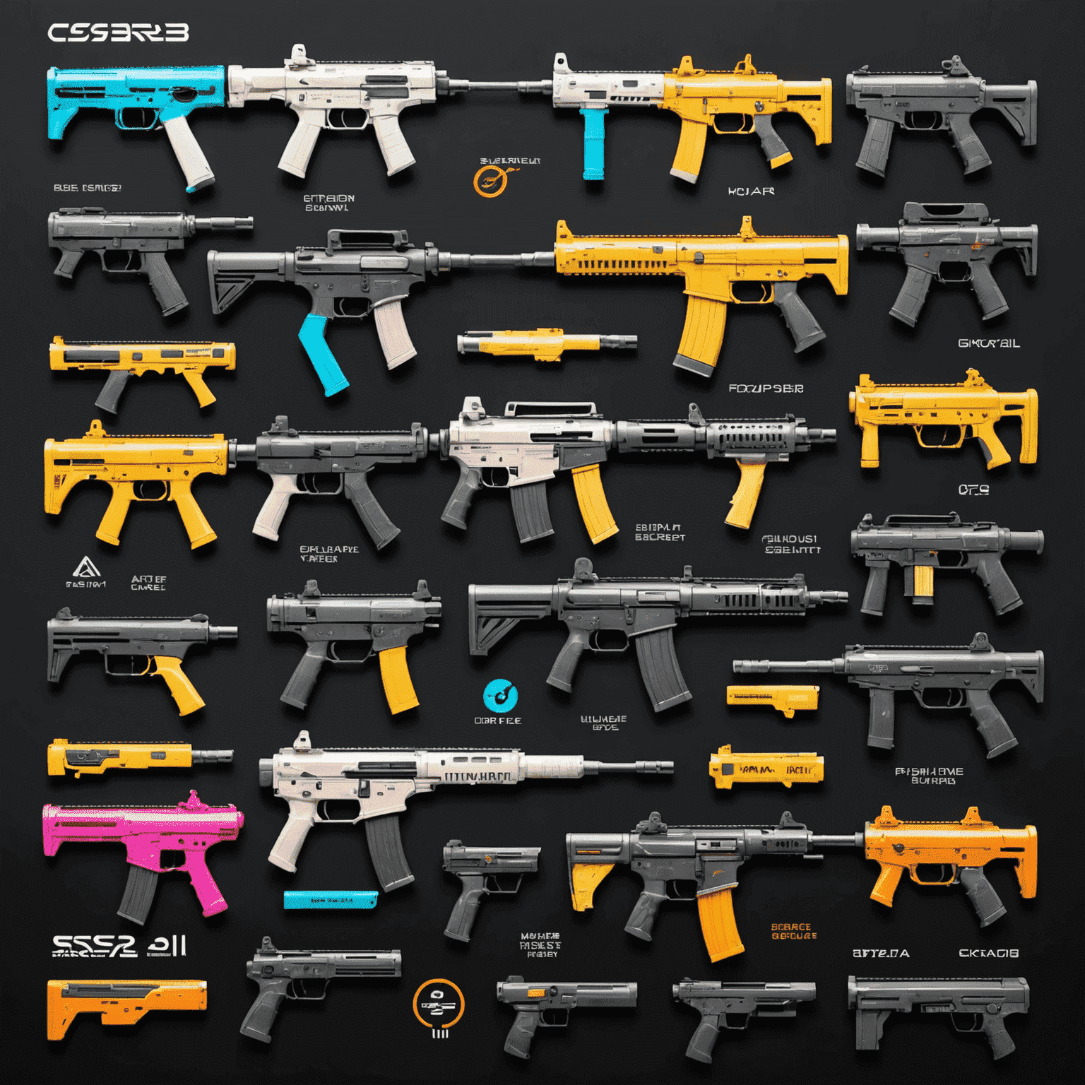 A futuristic marketplace interface showcasing various CS2/CS:GO weapon skins with neon price tags and trade buttons