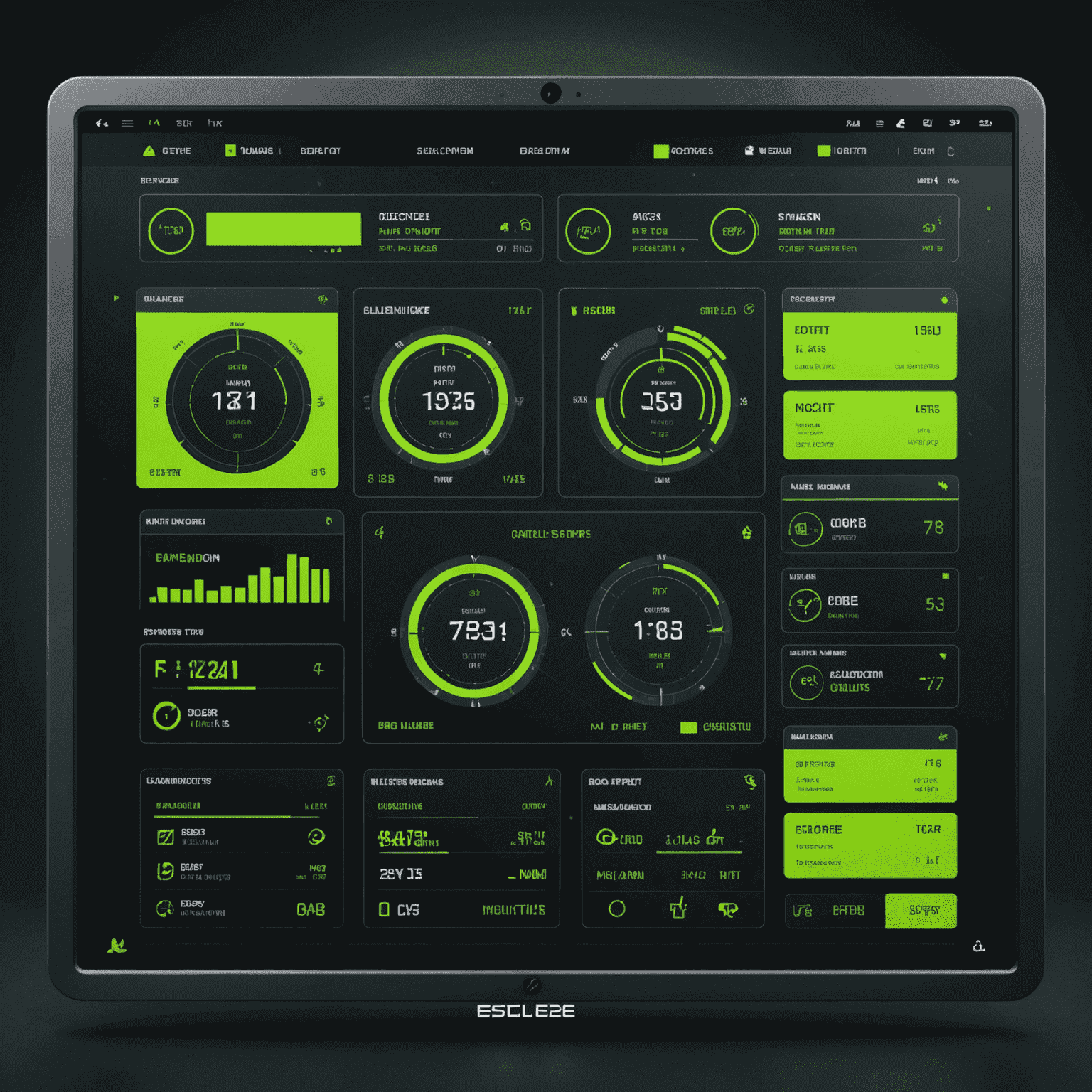 A futuristic dashboard interface showing various CS2/CS:GO skins organized in a grid with hover effects, market values, and wear conditions displayed. The background is dark with neon green accents.