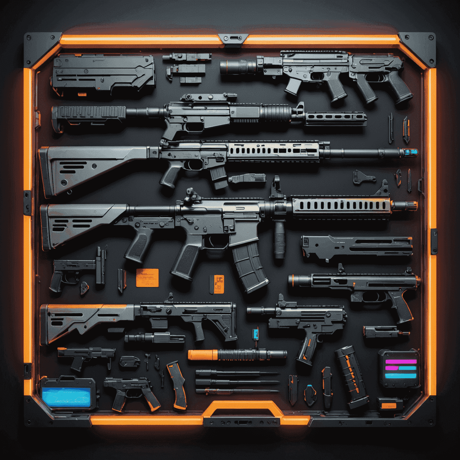 A holographic display showcasing a diverse array of CS2 weapon skins, knives, and gloves, with neon price tags and trending arrows