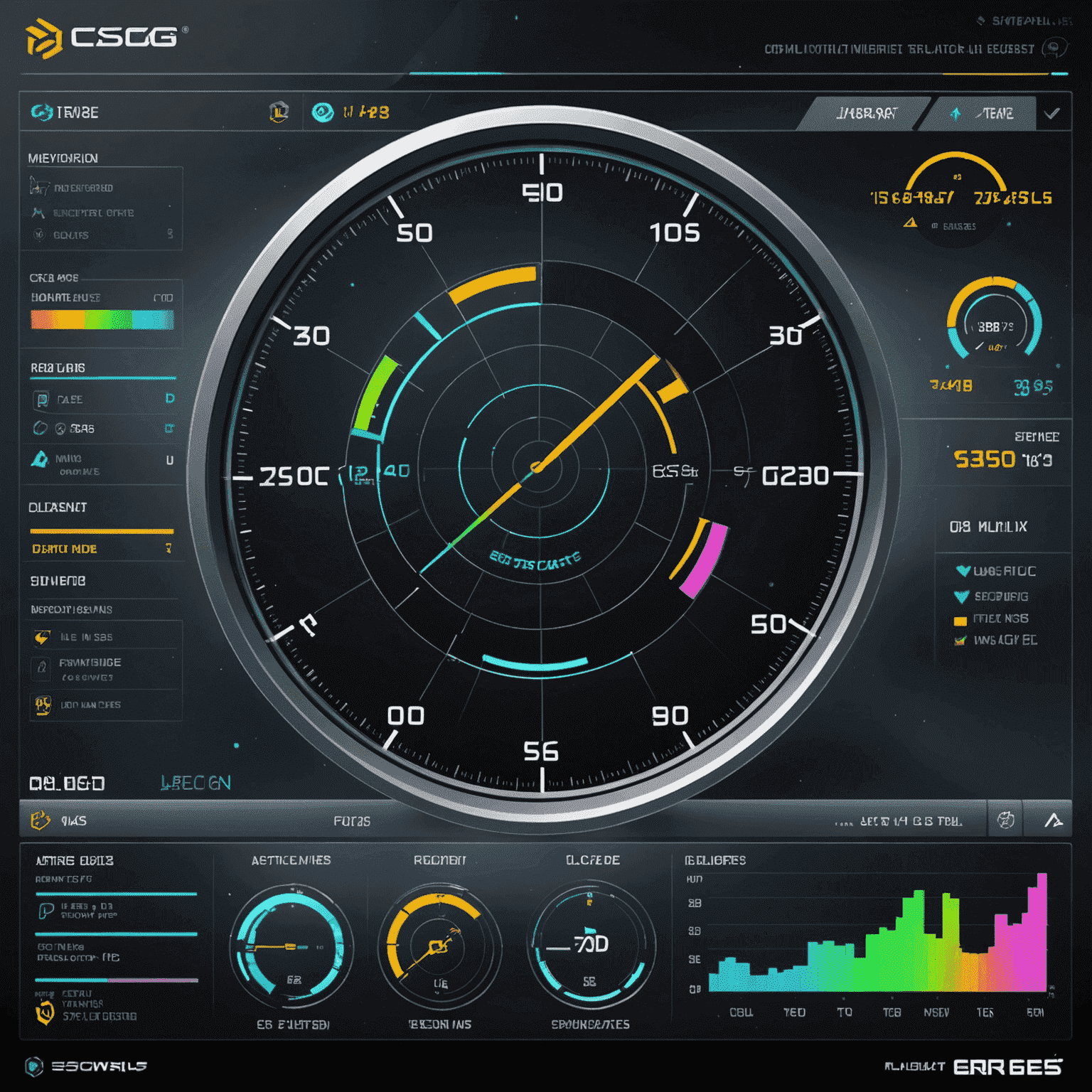 A holographic display showing real-time graphs, charts, and trends for CS2/CS:GO skin prices with neon highlights