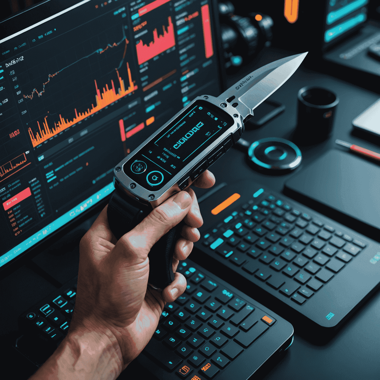 A sleek, neon-accented trading interface showing a CS2 knife skin being exchanged between two users, with real-time market data and trade confirmation dialogs