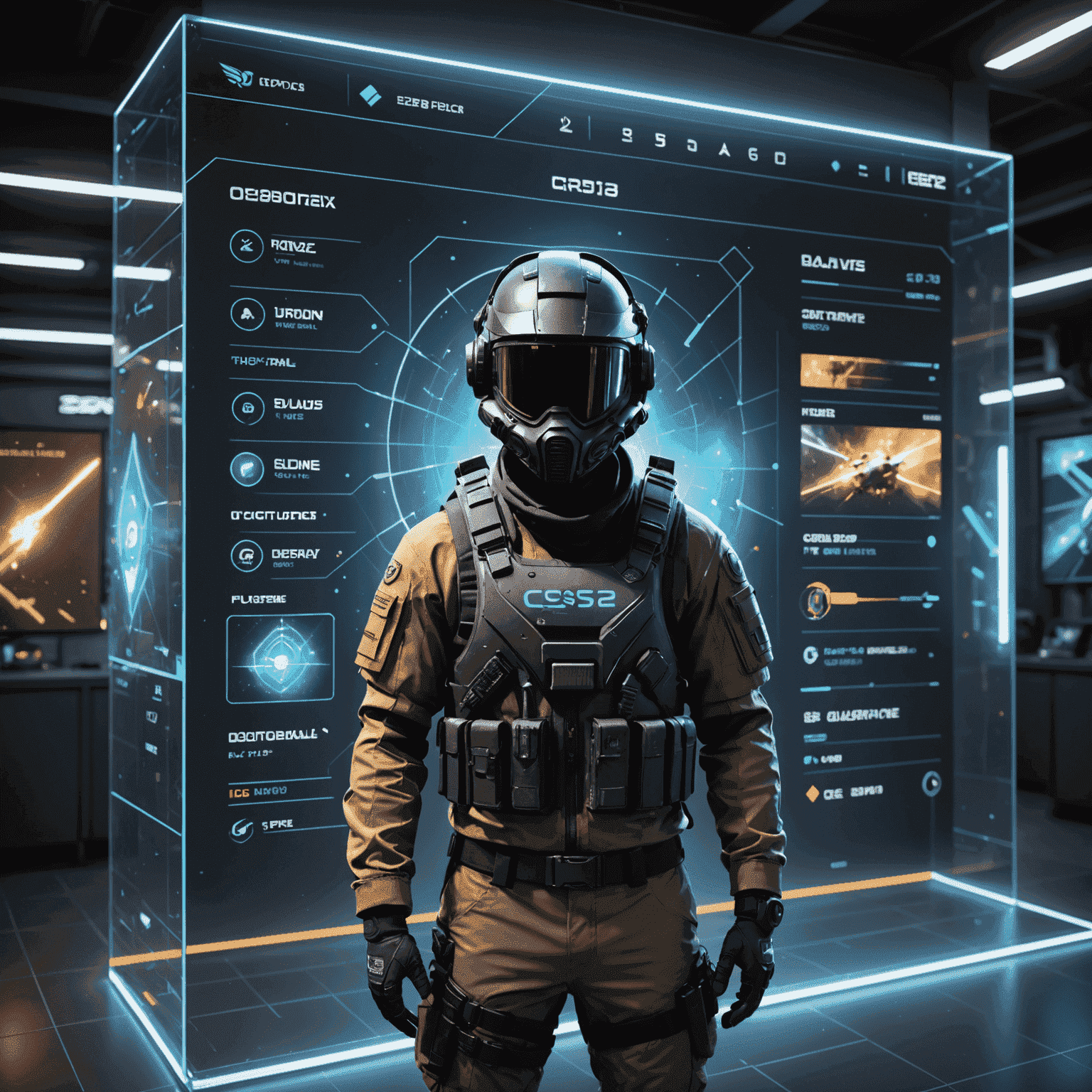 Futuristic holographic display showing various CS2/CS:GO skins with floating price tags and trend arrows