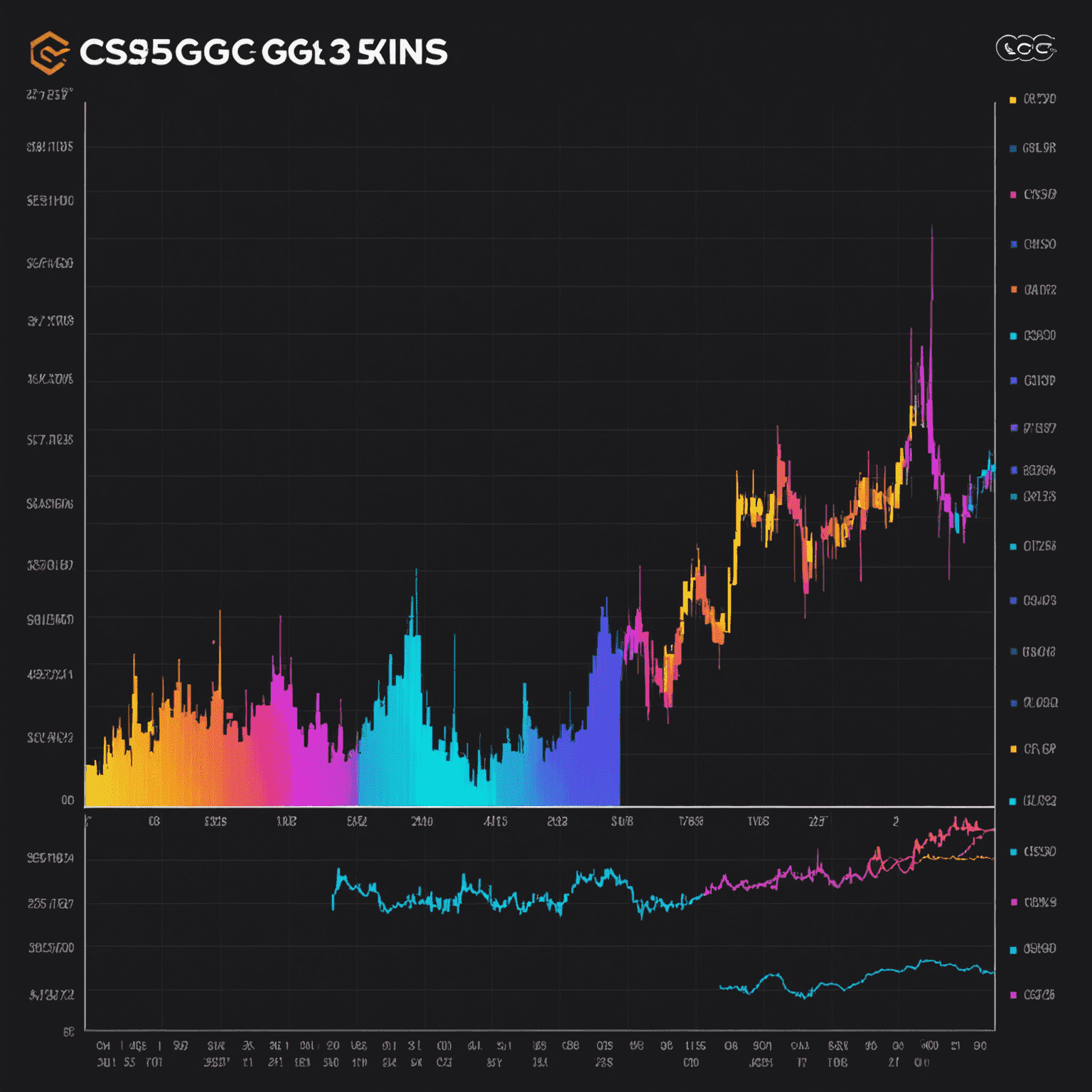 A dynamic graph showing the fluctuating values of various CS2/CS:GO skins over time. The graph lines are in neon colors against a dark background, with tooltips showing exact values.