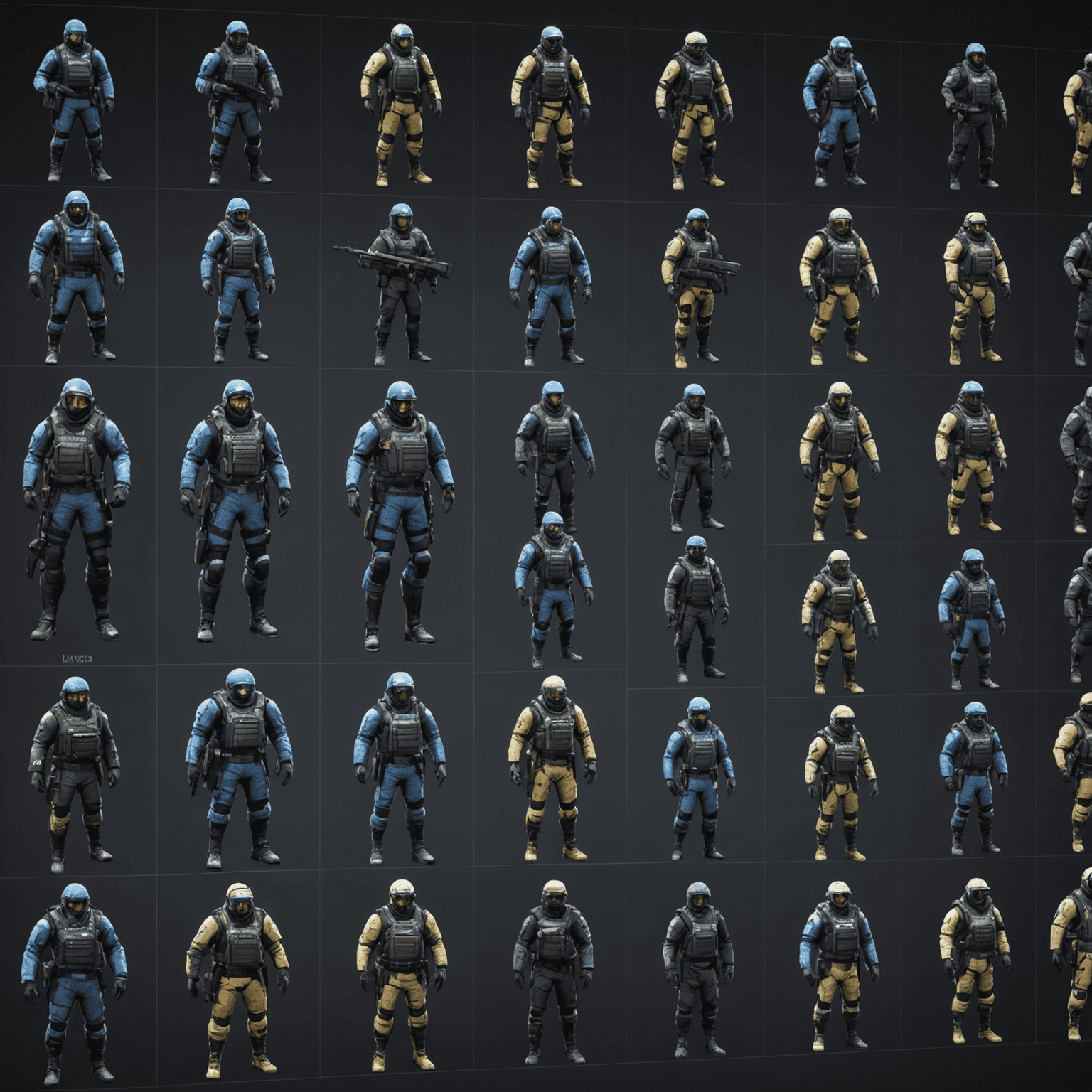 A 3D grid showcasing various CS2/CS:GO skins organized in a futuristic inventory system with glowing outlines