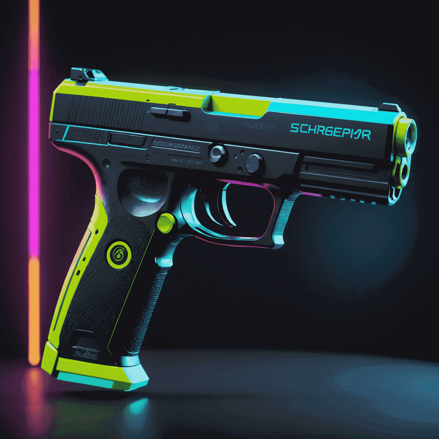 A high-tech scanner analyzing a CS2/CS:GO skin with price data floating around it in neon colors