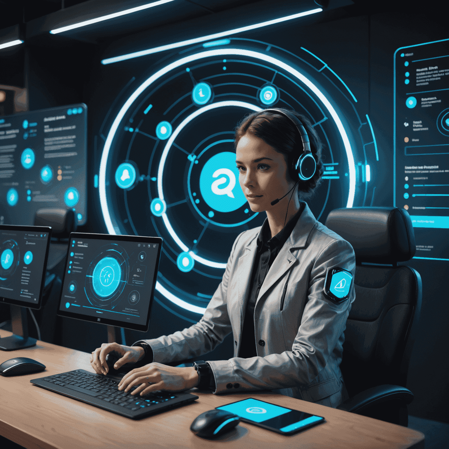 A futuristic customer support interface with holographic chat windows and AI assistants